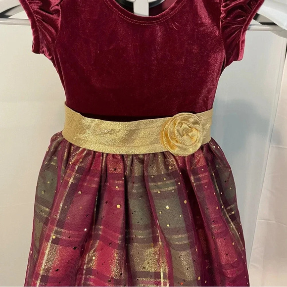 Bonnie Jean Gold,Green&burgundy Velvet Plaid& Sparkle Holiday Christmas Dress,4T - Picture 2 of 7